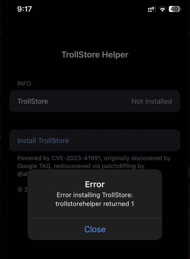 Error Installing TrollStore: TrollStoreHelper Returned 1